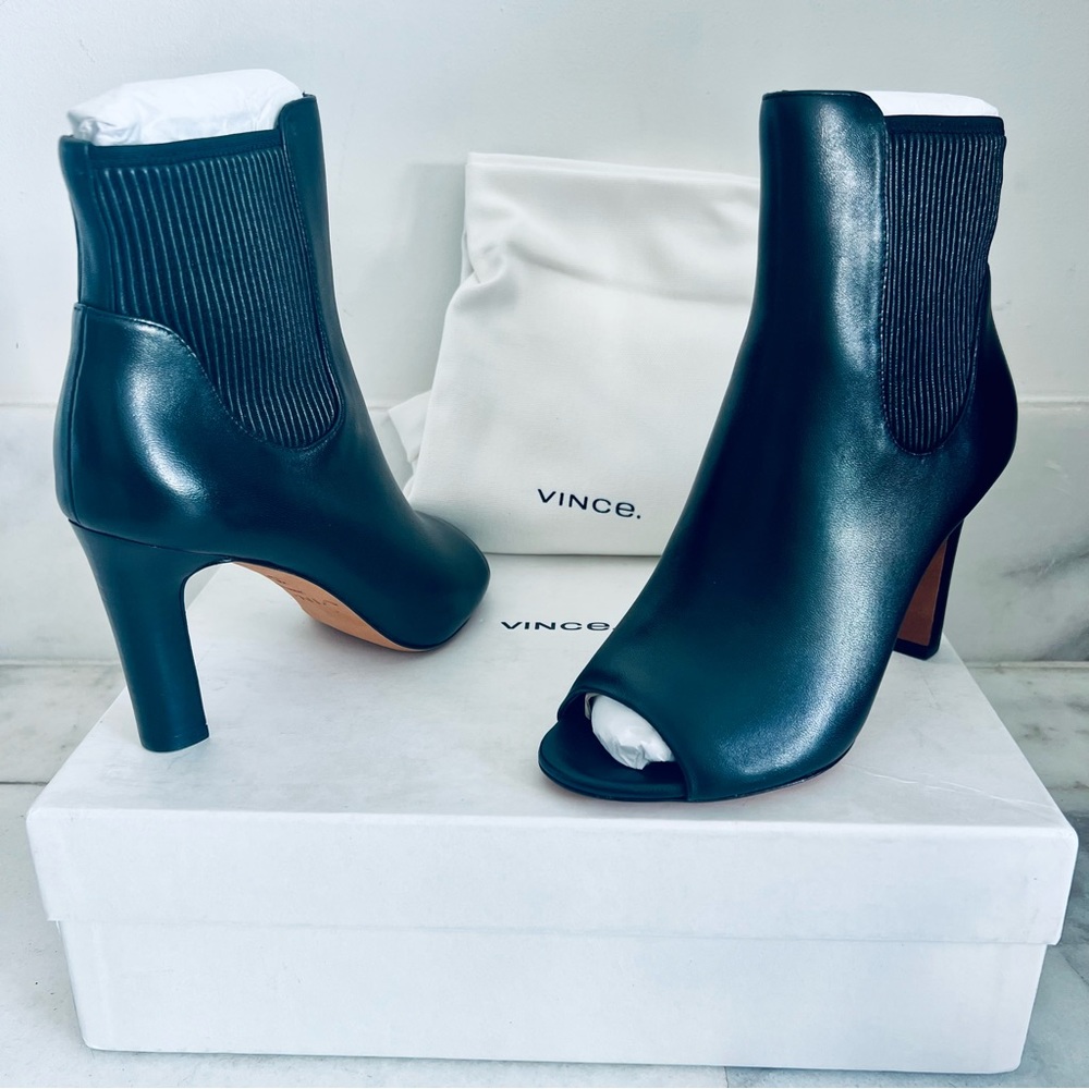 Vince Women’s Elsie Black Leather Peep Toe Ankle Booties Pumps Heel Stretch 5.5 - Picture 6 of 12